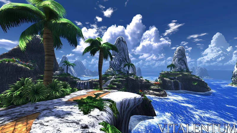 Tropical Island Paradise with Towering Rock Formations.