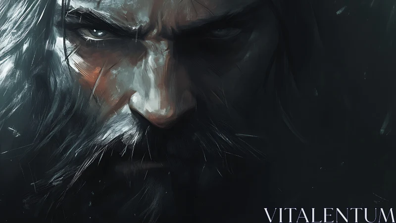 Brooding warrior portrait in dark digital painting style.