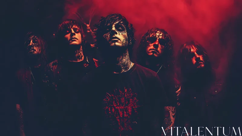 Metal band stands under red smoke with dramatic shadow lighting