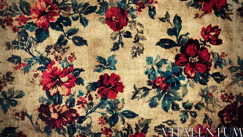 Vintage floral textile pattern with distressed botanical overlay.