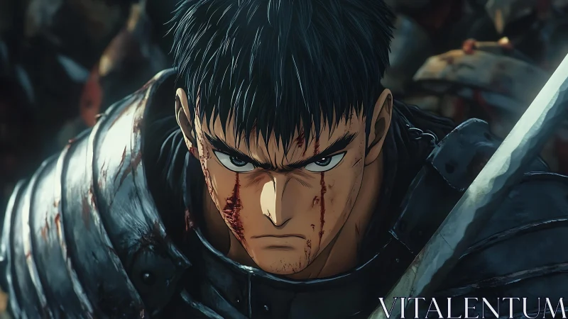 Armored anime swordsman with bloodstained face in combat focus.