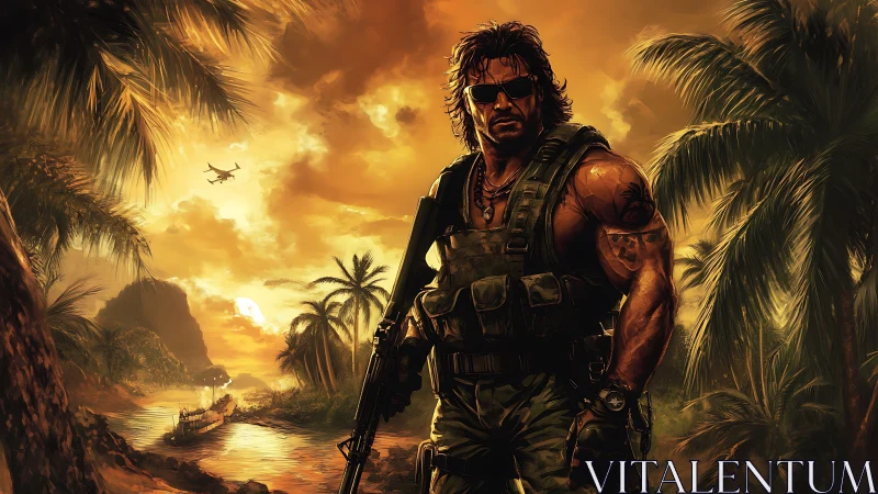 Armored commando dominates sunset jungle combat vista