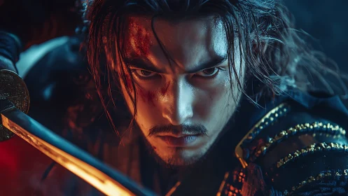 Battle worn samurai warrior with sword in intense close focus.