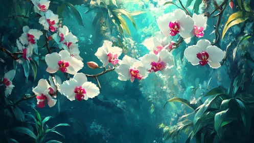 Gentle orchid canopy glowing in a dreamy jungle light.