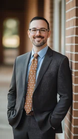 Confident professional stands relaxed in a warm outdoor corridor