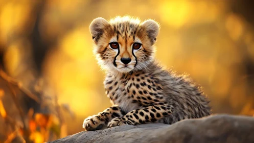 Sunlit cheetah cub daydreaming on a golden savanna ledge.