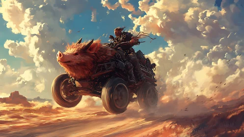 Post-apocalyptic rider steering boar-mounted quad in desert.