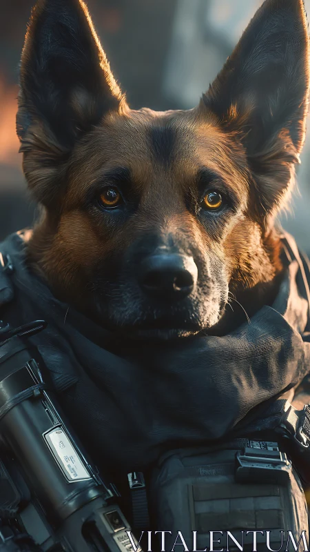 Tactical shepherd portrait under cinematic rim lighting.