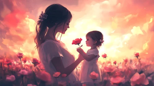 Mother and Child in Rose Field at Golden Sunset