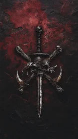 Dark steel crest unites skull, blades, and brooding legend