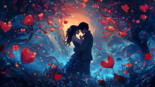 Romantic Couple Embracing Amid Glowing Hearts.