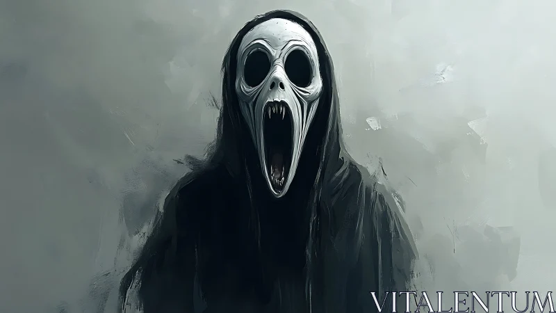 Hooded skull-like figure is centered against a muted background