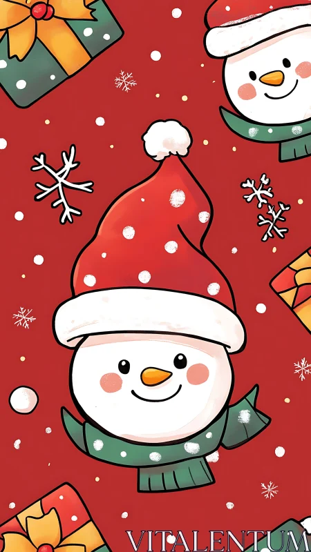 Snowman smiles warmly while gifts swirl in red snowfall