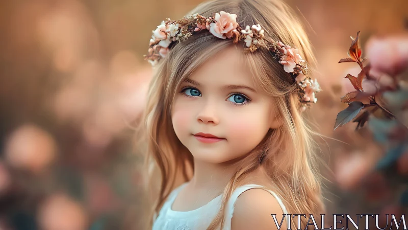 Golden-haired child with pink floral crown in sepia garden.