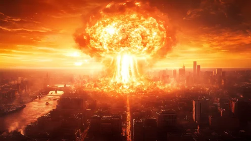 Urban skyline under large nuclear-style explosion cloud.