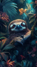 Cute sloth portrait in dense, colorful jungle foliage.
