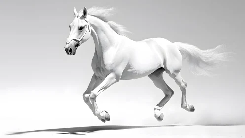Majestic White Horse Galloping in Minimalist Monochrome Art.