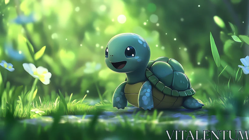 Sunlit turtle hatchling strolls through dreamy forest glade.
