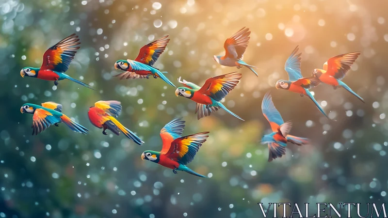 Colorful parrots in flight with dreamy bokeh background, digital art.