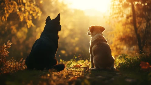 Backlit canine silhouettes in autumn forest golden hour light.