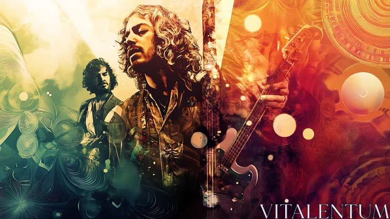 Psychedelic guitarist portraits in swirling light fields.