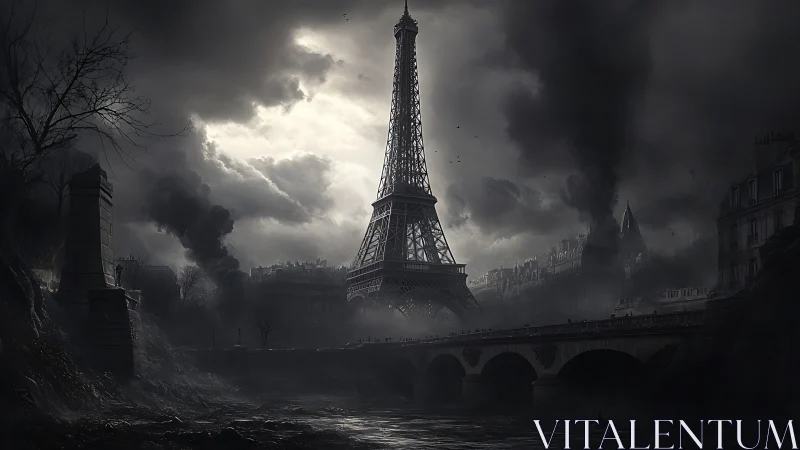 Storm-dark Paris skyline with brooding Eiffel Tower glow.