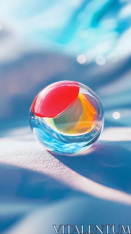 Translucent sphere with multicolor core on soft surface.