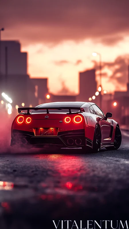 Crimson street missile hums through a rain-glossed dusk city