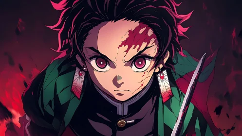 Anime swordsman portrait shows frontal close-up with weapon drawn