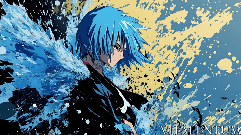 Blue-haired anime warrior amid explosive paint splashes.