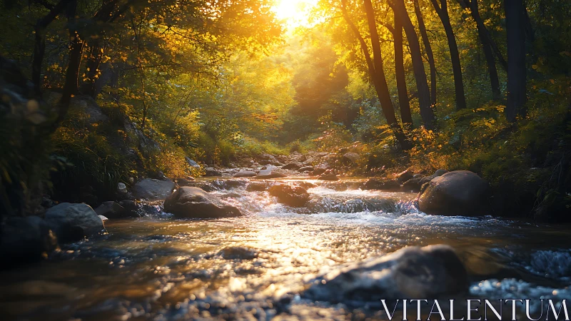 Golden evening sunlight gently warms a peaceful forest stream