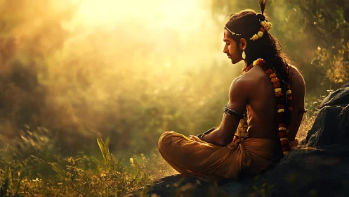 Serene young ascetic meditates at sunrise in a golden forest