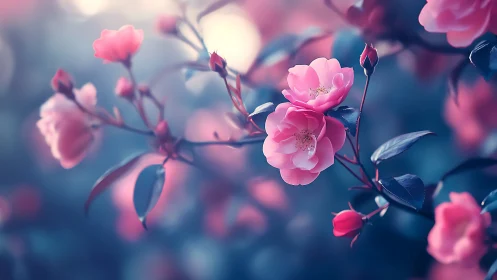 Whispered Blooms: Pink Roses Dance Between Twilight Dreams.