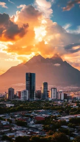Sunset-lit mountain towers above modern high-rise city skyline