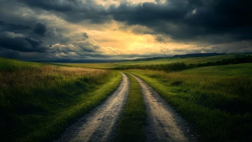 Gravel country road under dramatic storm-lit sunset sky.