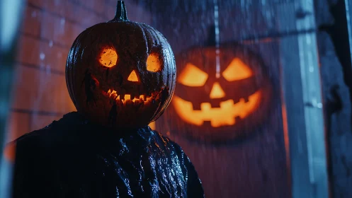 Moody jack-o-lantern character in cinematic rain lighting.