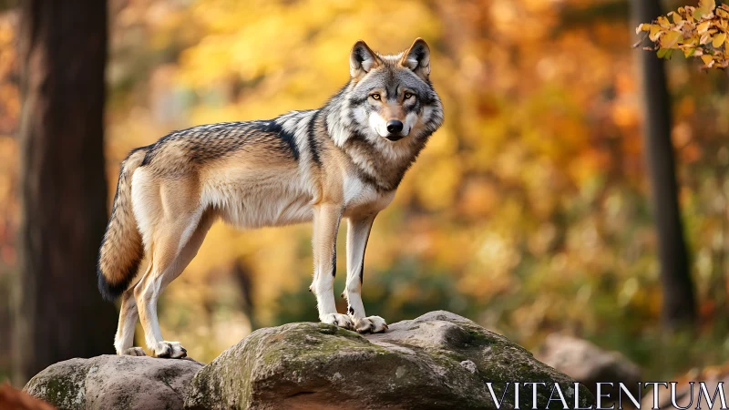 Wild forest wolf stands calmly on sunlit autumn rocks