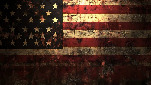 Weathered American flag on corroded metal surface texture.