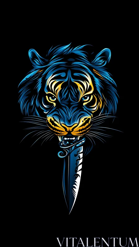 Neon blue tiger emblem merged with stylized dagger blade.