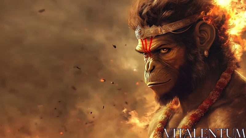 Fiery monkey warrior studies the storm of swirling embers