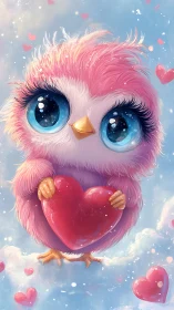 Pink fluffy owl holding red heart against soft sky background.