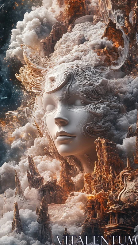 Architectural cloud deity head merges baroque relief with eroded spires