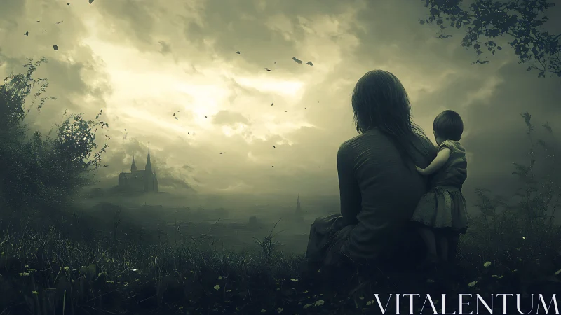 Mother and child sit facing distant castle at dusk