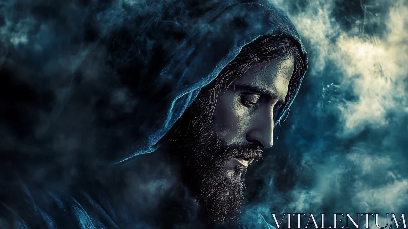 Quiet hooded figure resting within swirling blue haze.