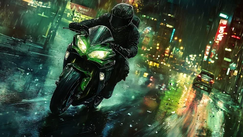 Motorcyclist races through neon city streets in heavy rain