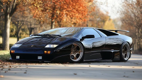 Photorealistic black supercar in autumn park environment.