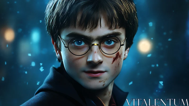 Young wizard with glasses glares through icy blue night.