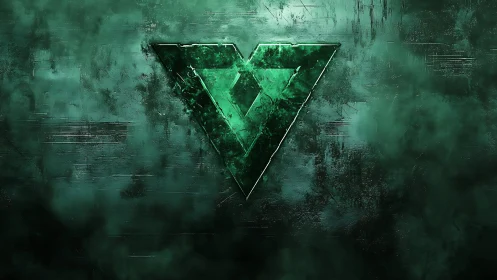 Emerald geometric V emblem on textured dark background.