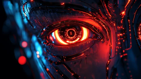 Red illuminated cybernetic eyes in close digital focus.