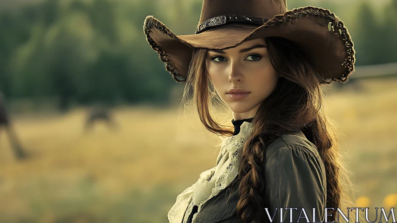 Woman in wide-brimmed leather hat in rural field setting.